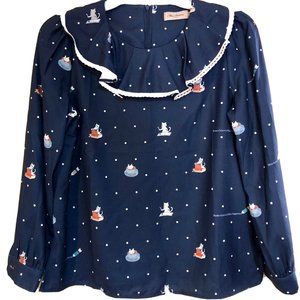 Miss Patina London Kiterture Navy Cat Polka Dot Long Slv Ruffle Collar Blouse